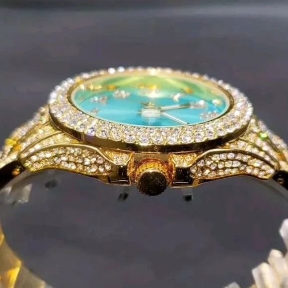 Mens Luxury Iced Out Bling Simulated Diamond CZ GoldPlated Arabic Numera… - Picture 6 of 15
